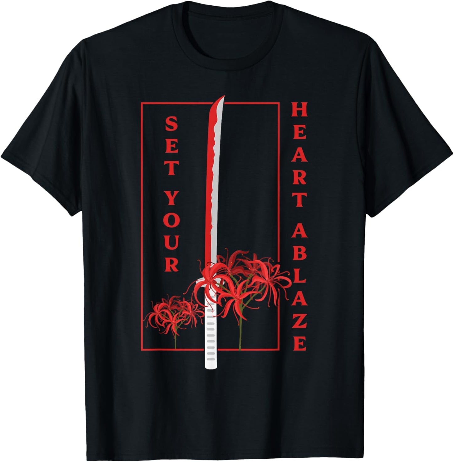 Katana Set Your Heart Ablaze Japanese Anime Aesthetic Flower T-Shirt - T-Shirt | Black