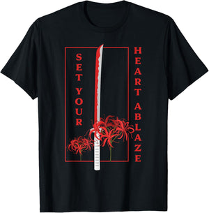 Katana Set Your Heart Ablaze Japanese Anime Aesthetic Flower T-Shirt - T-Shirt | Black