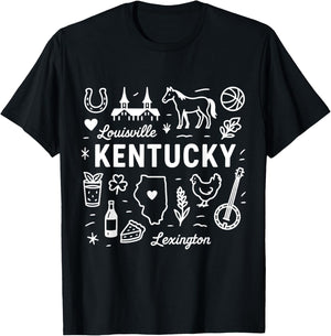 Kentucky USA State Symbols Vintage Souvenir Cute Doodle T-Shirt - T-Shirt | Black