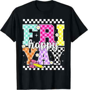 Friyay Happy Friday Ckeckered Weekend Teacher Back to School T-Shirt - T-Shirt | Black