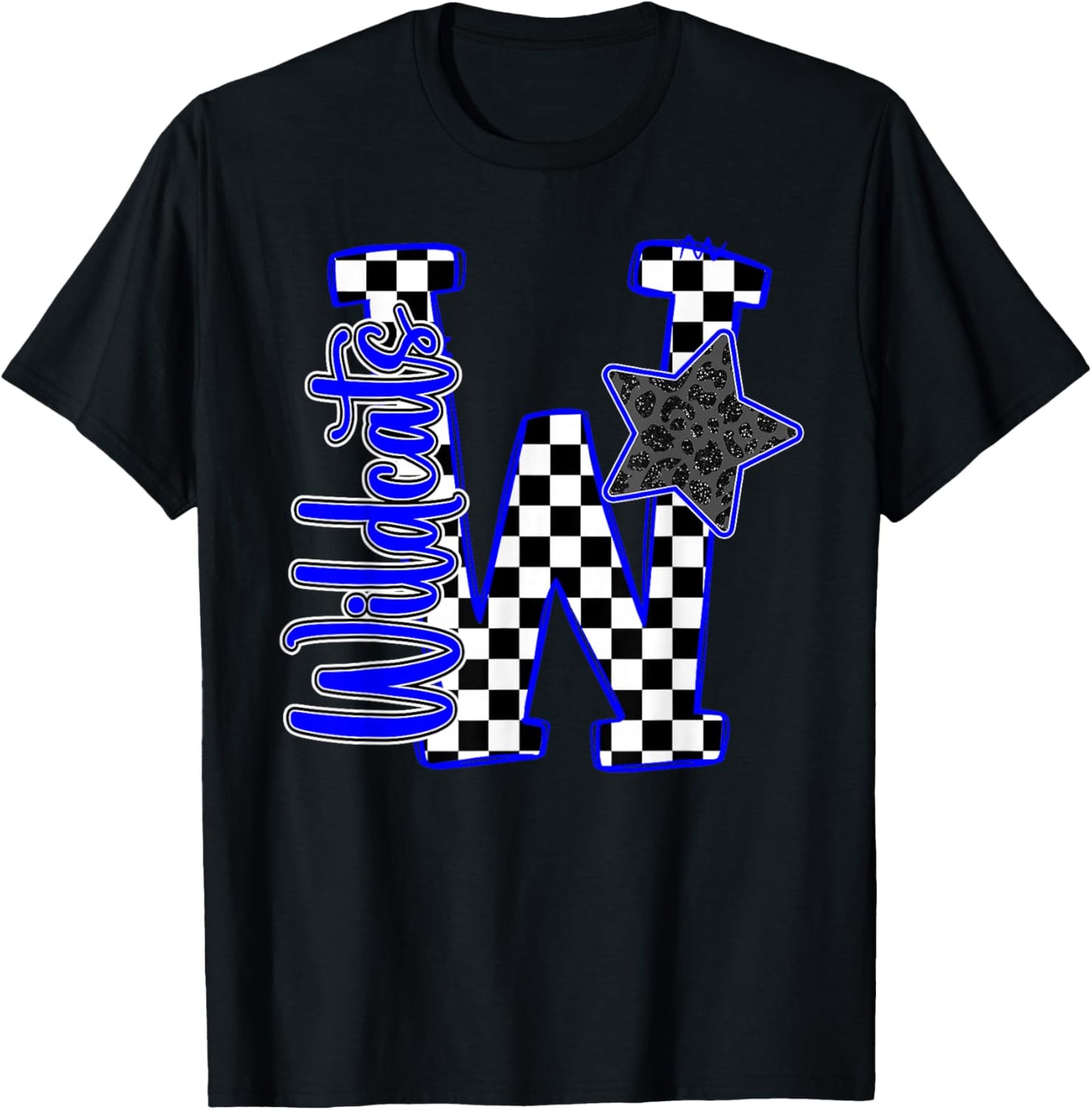 Blue Wildcats Checkered Print Star Leopard School Spirit T-Shirt - T-Shirt | Black