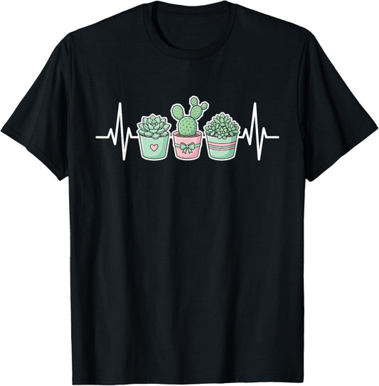 Funny Plant Heartbeat Succulent Cactus Gardener T-Shirt - T-Shirt | Black
