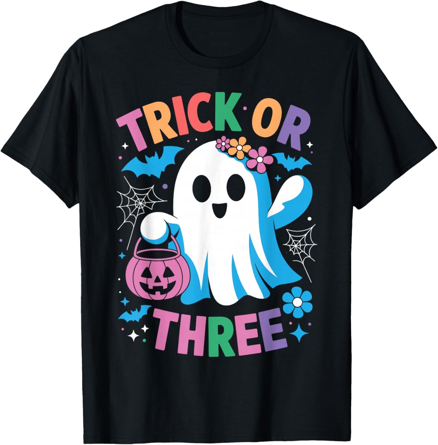 Trick or Three Cute Ghost Groovy 3rd Birthday Girls Kids T-Shirt - T-Shirt | Black