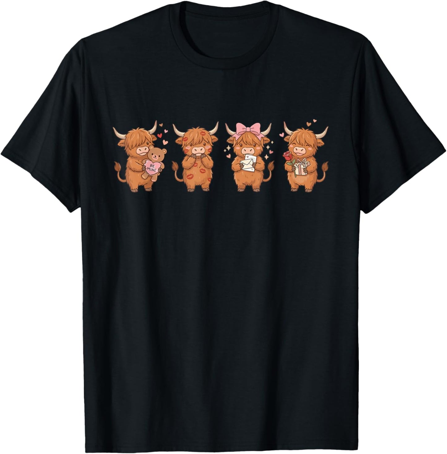 Cute Highland Cow Valentine's Day Kisses Be Mine Teddy Bear T-Shirt - T-Shirt | Black