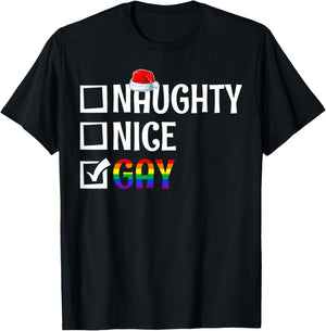 Naughty Nice Gay LGBTQ Gay Pride Flag Merry Christmas Pajama T-Shirt - T-Shirt | Black