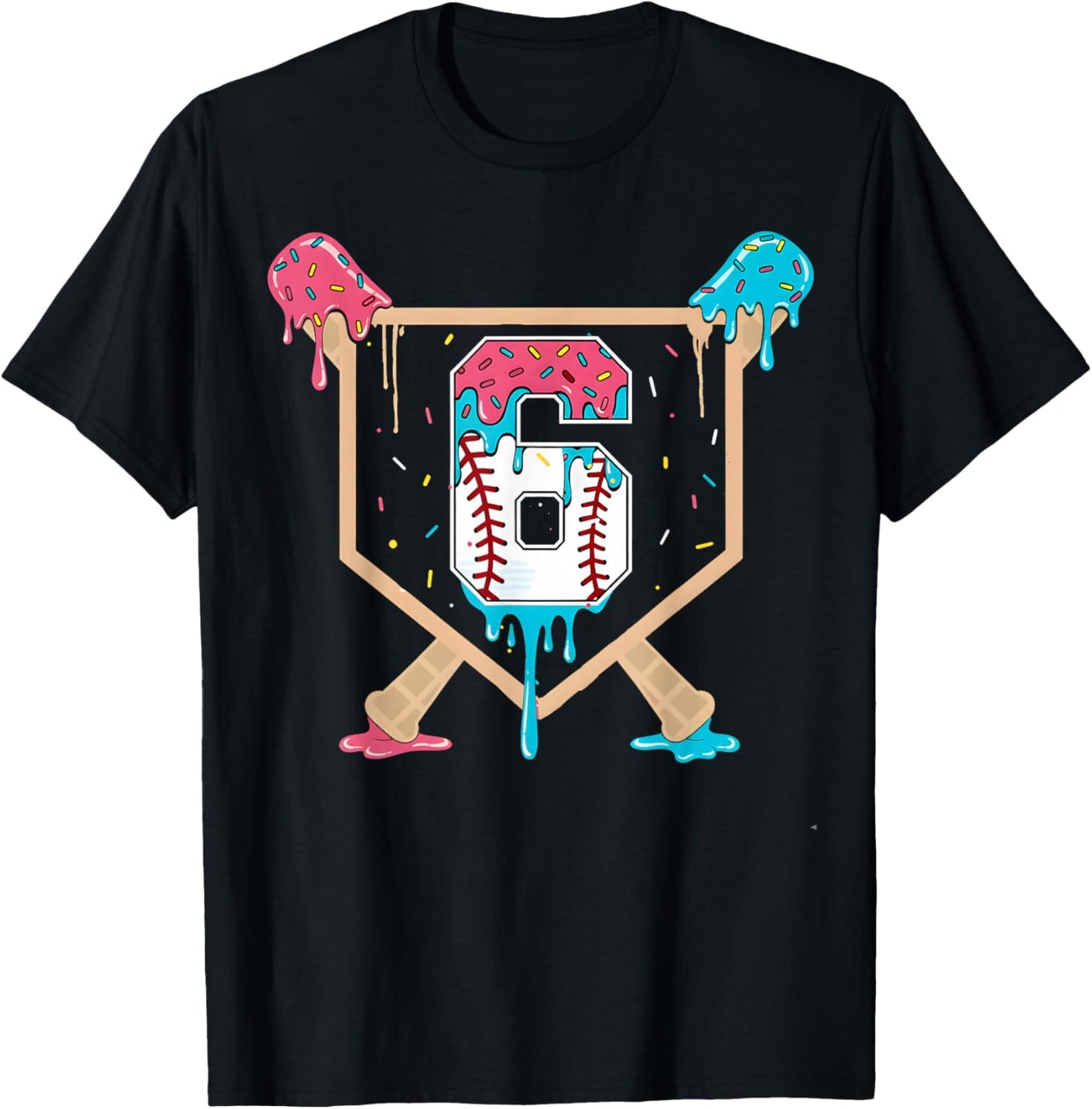 Baseball 6 Year Old Ice Cream Drip 6th Birthday Boys Player T-Shirt - T-Shirt | Black