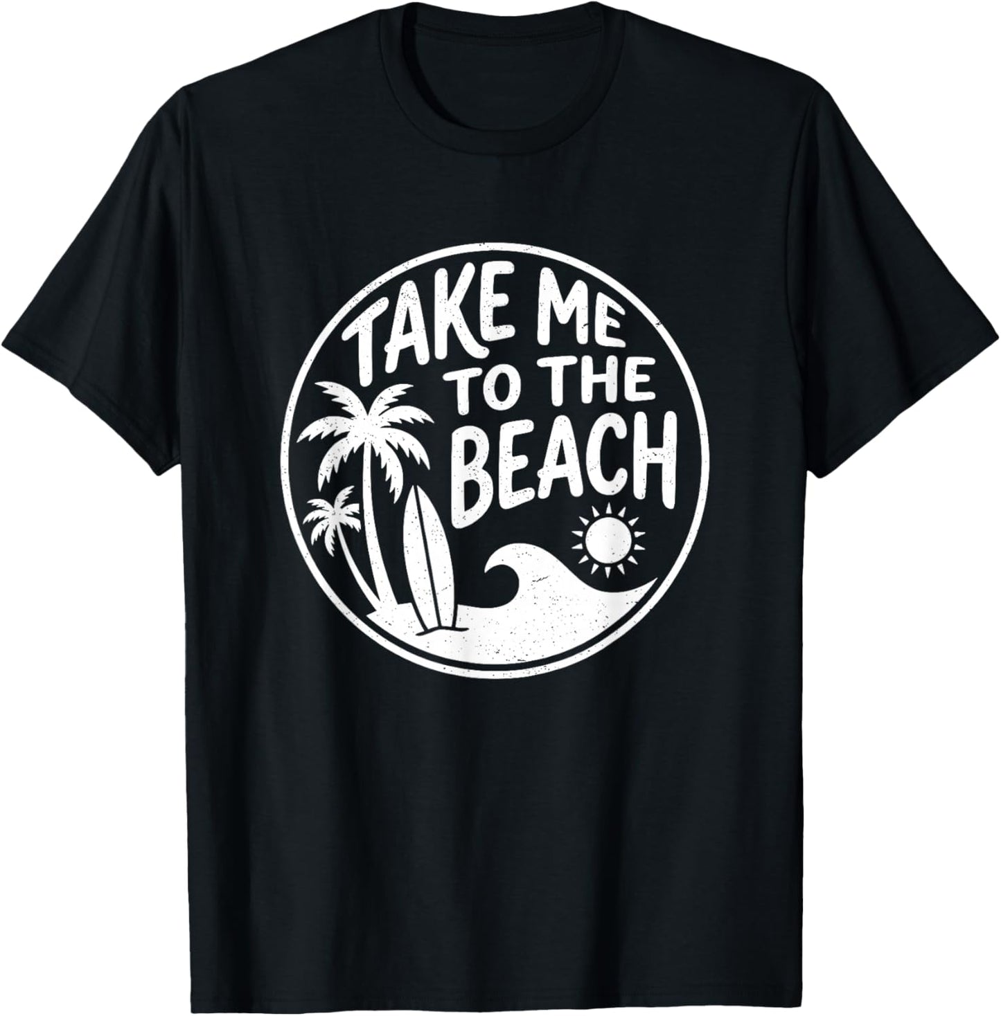 Take Me to The Beach Retro Circle Palm Tree Surfboard Art T-Shirt - T-Shirt | Black