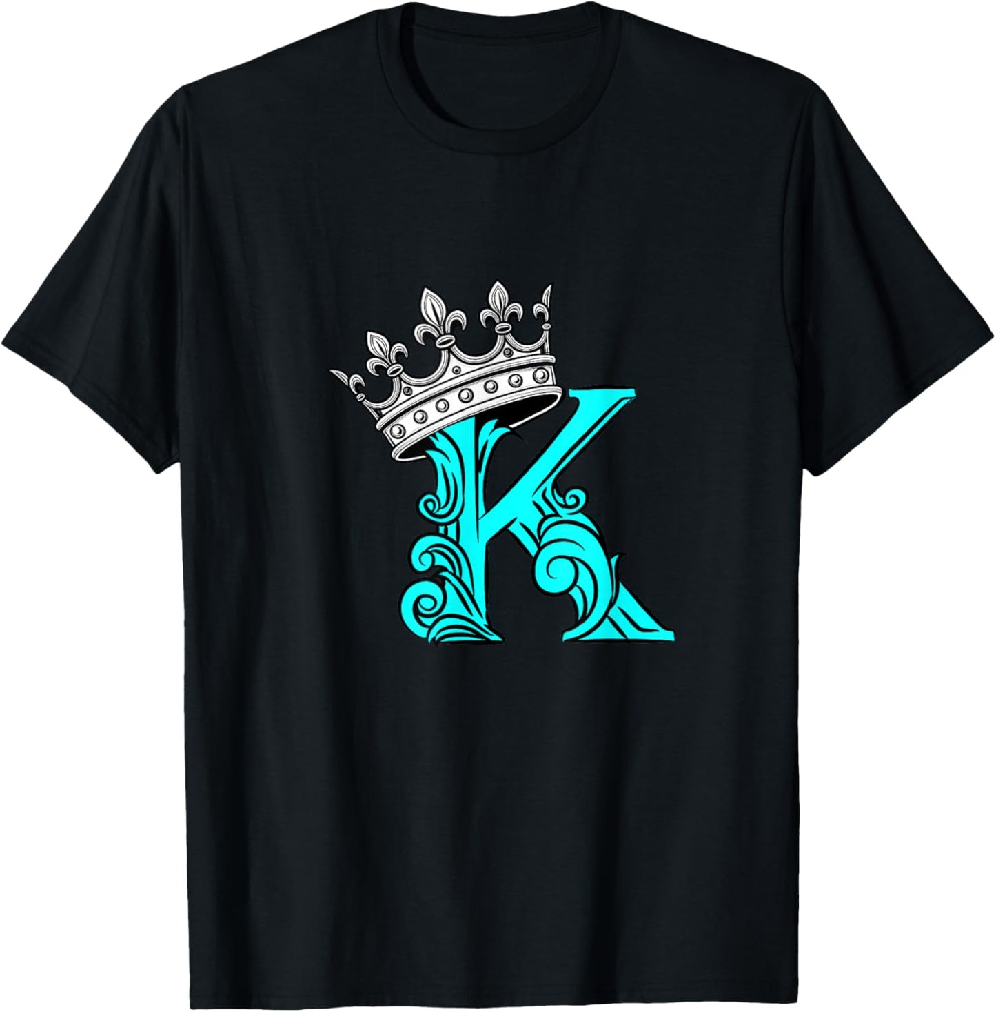 Turquoise Color Letter K Initial + Crown Turquoise Graphic T-Shirt - T-Shirt | Black