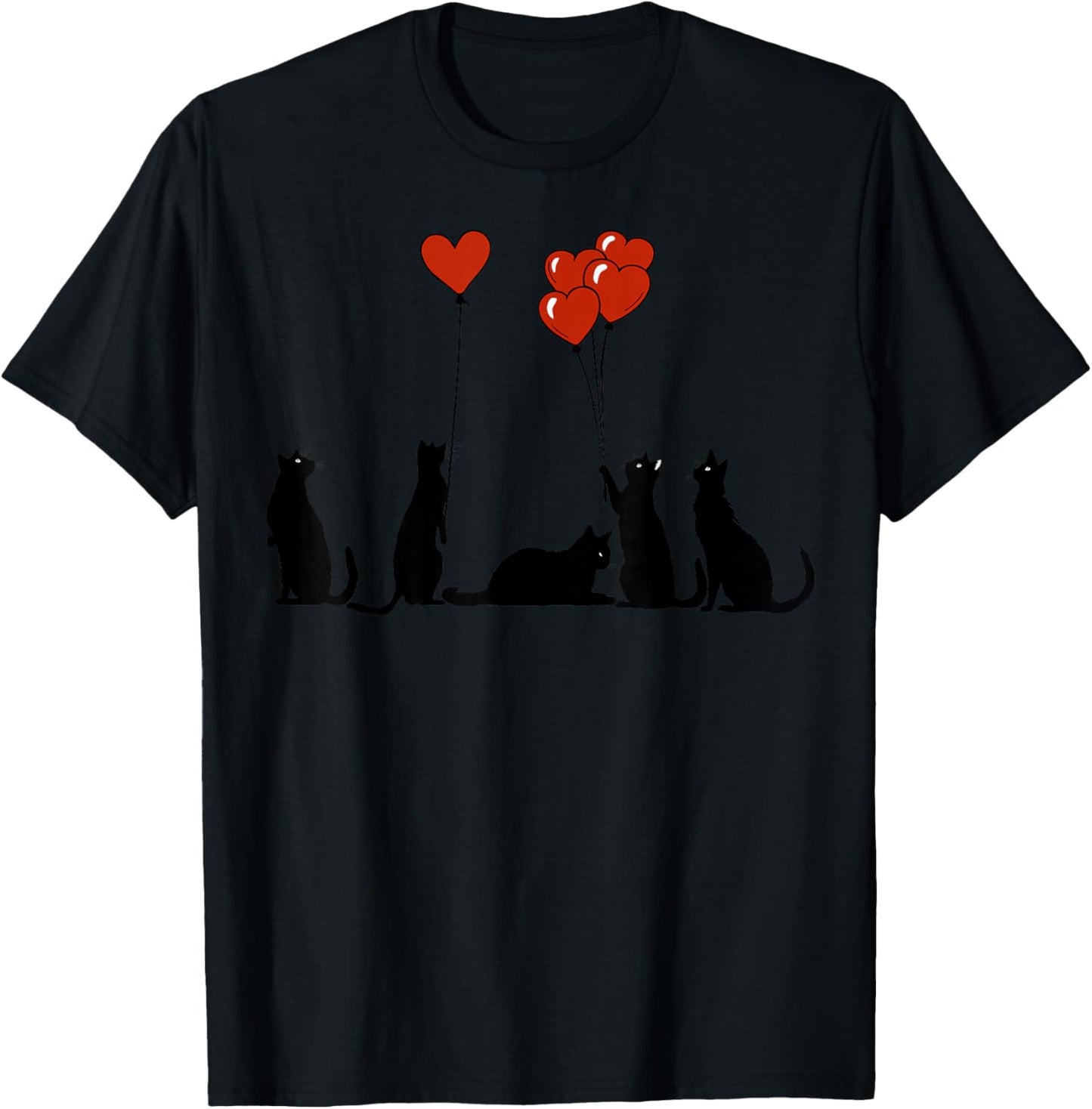 Funny Curious Black Cat Hearts Balloons Valentine's Lazy Cat T-Shirt - T-Shirt | Black