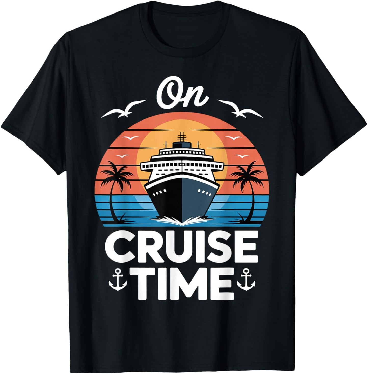Retro Ocean Cruise Time Summer Travel Boat Sunset Beach Trip T-Shirt - T-Shirt | Black