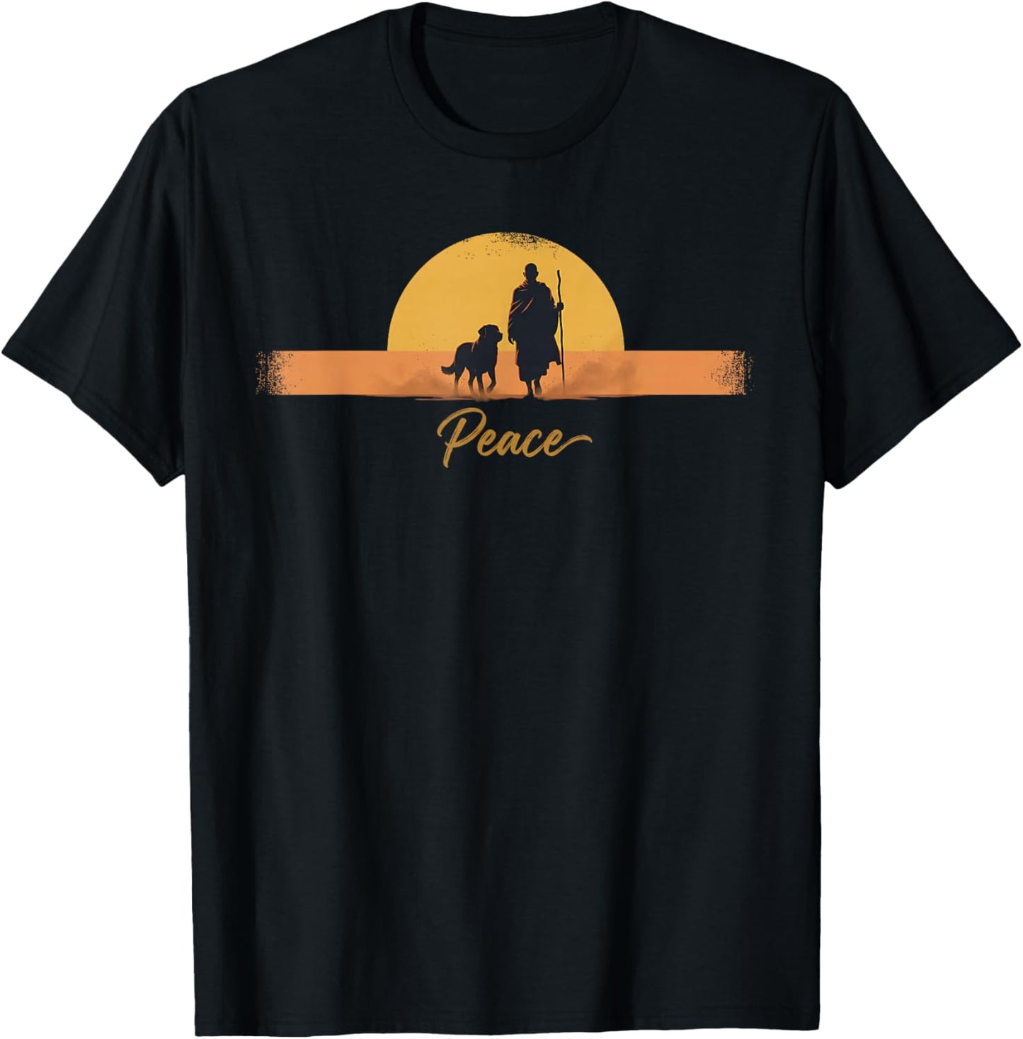 Peace Minimalist Zen Art Walk for Peace Monks with Aloka Dog T-Shirt - T-Shirt | Black
