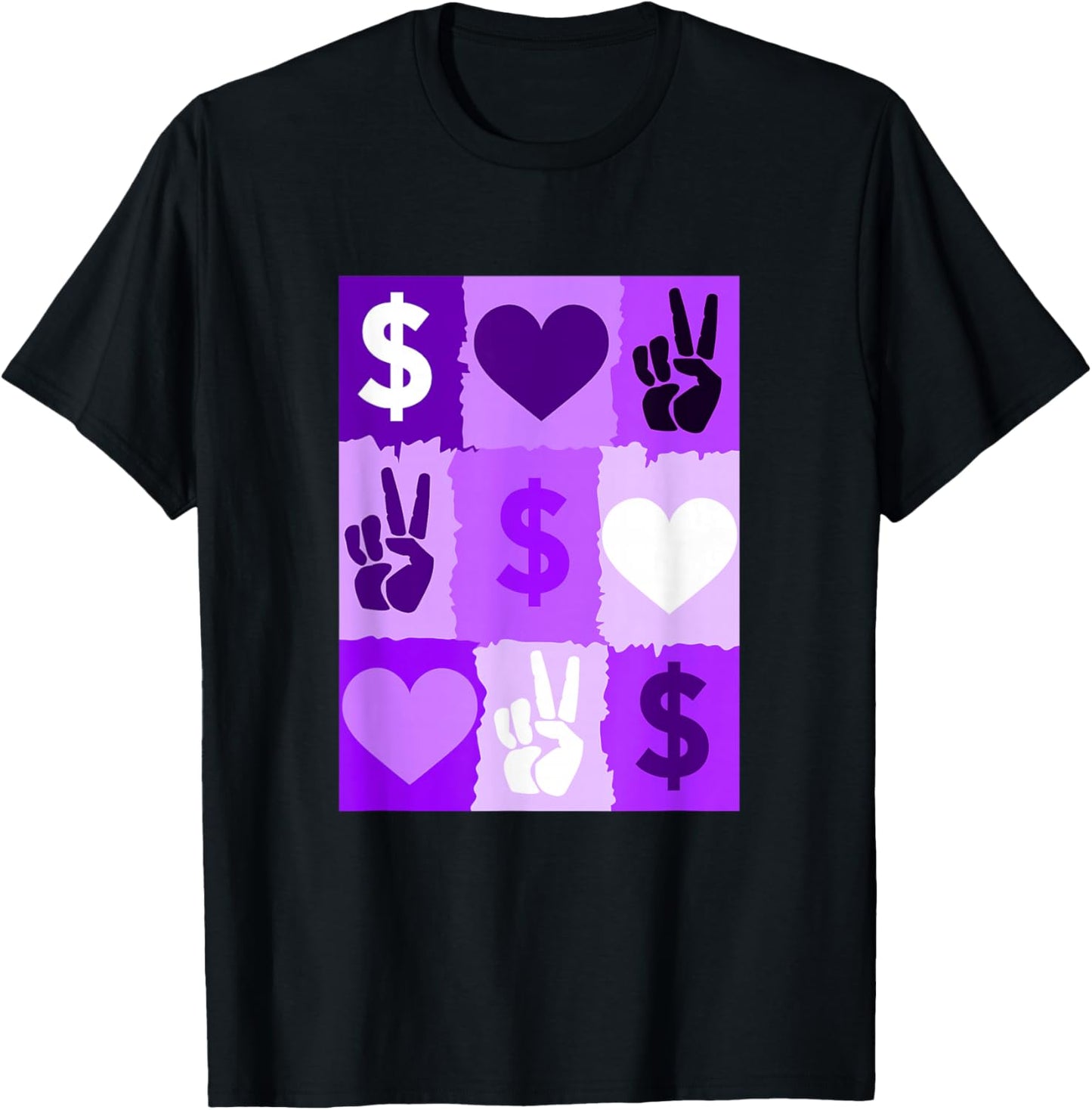 Purple Color Peace Love Money Grid Purple Graphic T-Shirt - T-Shirt | Black