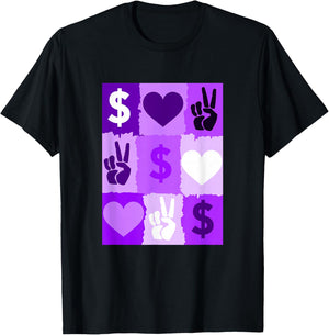 Purple Color Peace Love Money Grid Purple Graphic T-Shirt - T-Shirt | Black
