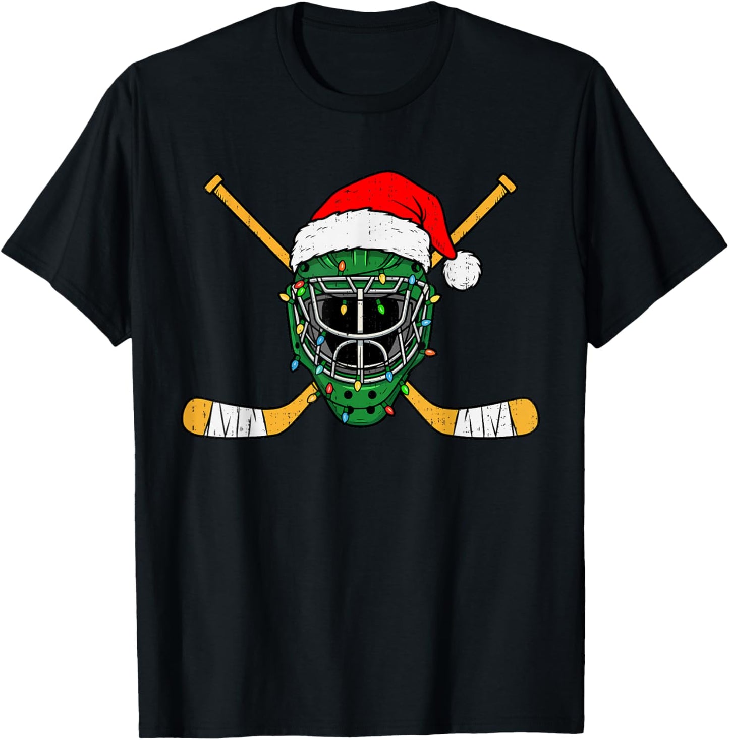 Christmas Hockey Helmet Lights Santa Xmas Men Teen Boys Kids T-Shirt - T-Shirt | Black
