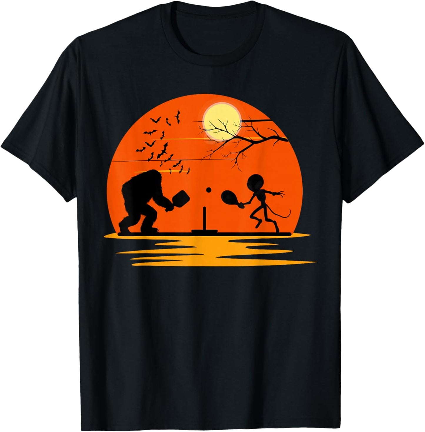 Bigfoot and Alien Playing Pickleball Halloween Sunset T-Shirt - T-Shirt | Black