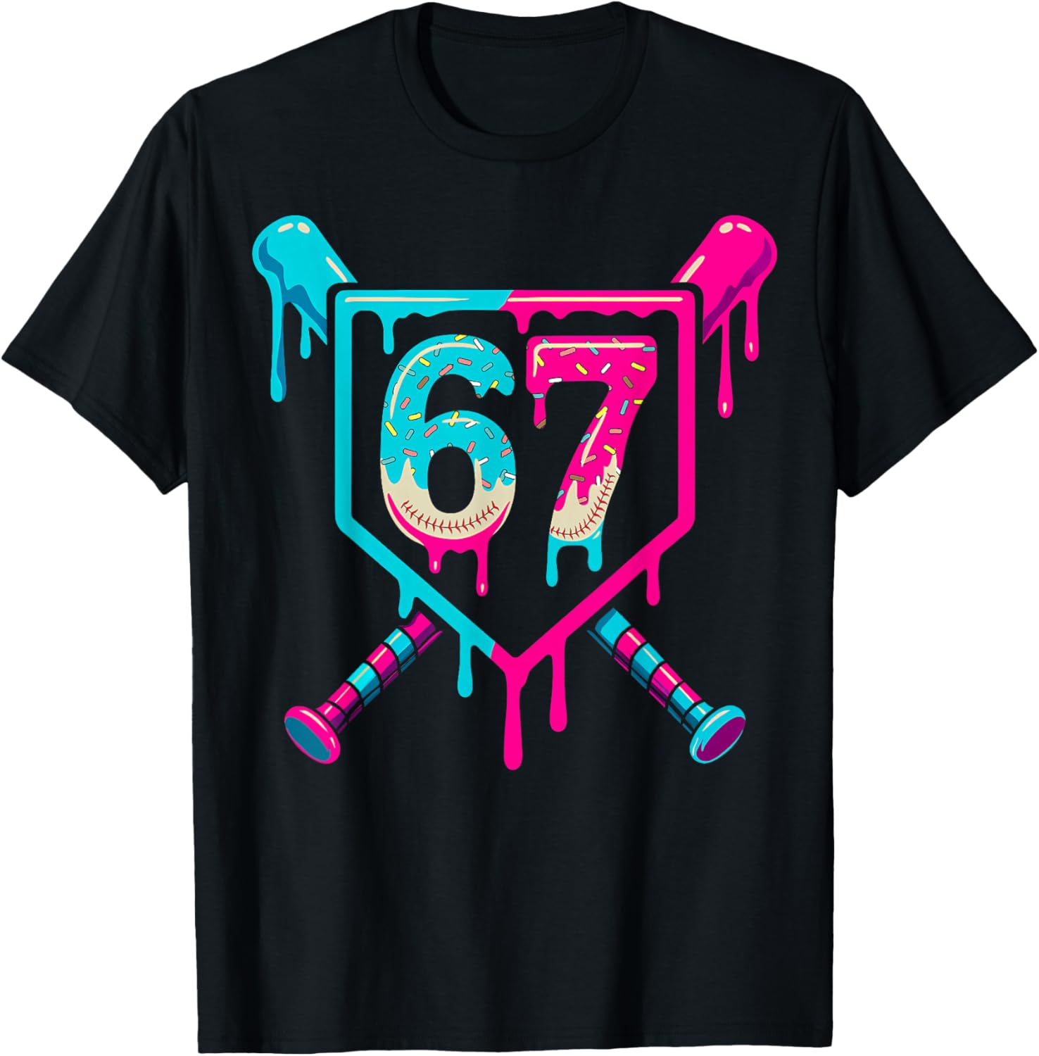 Retro Baseball Ice Cream Drip Number 67 Player 67th Birthday T-Shirt - T-Shirt | Black