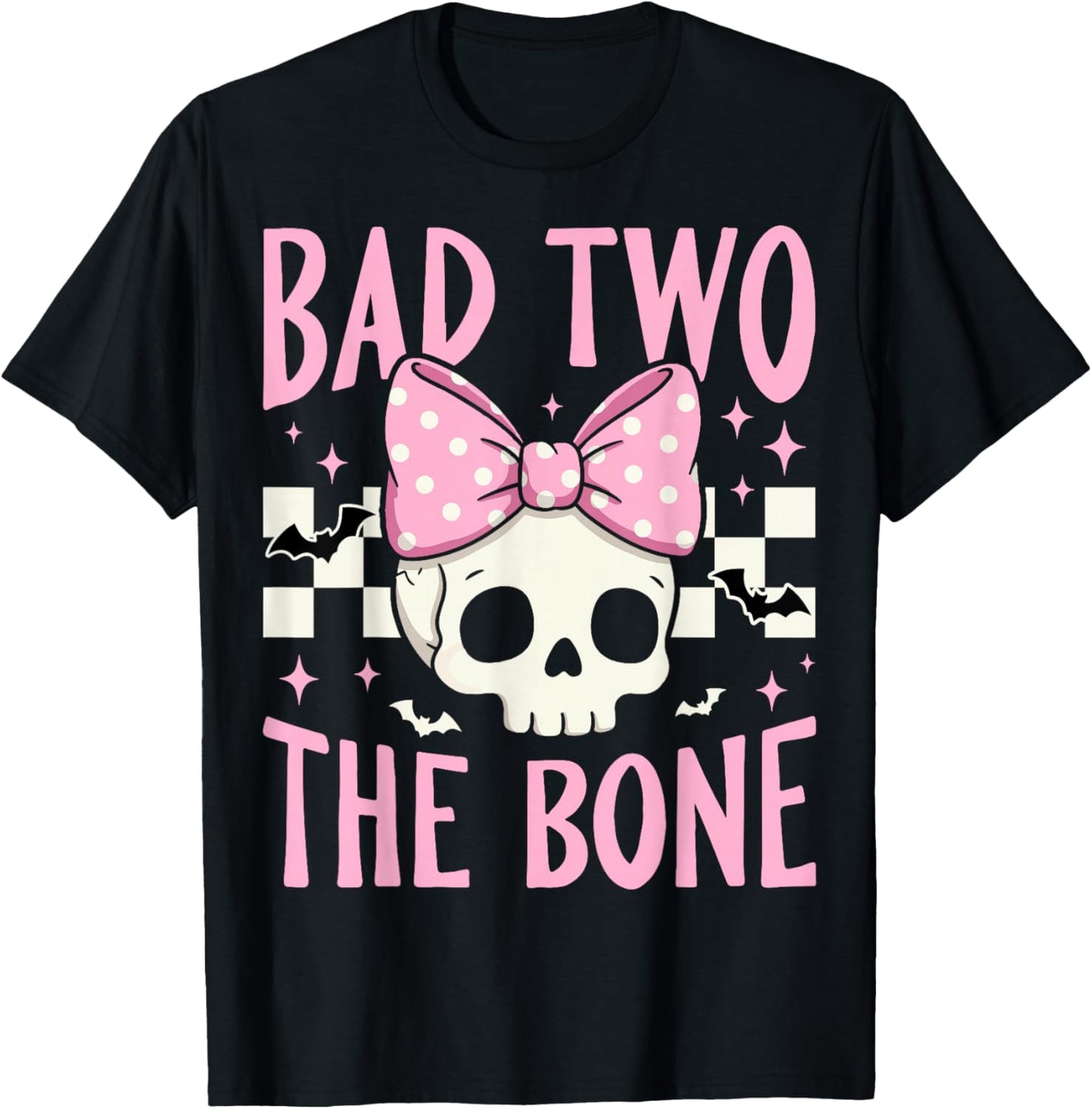 Bad Two The Bone Skull with Pink Bow for Halloween T-Shirt - T-Shirt | Black