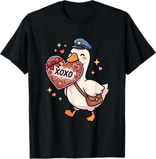 Cute Goose Mailman Valentine's Day XOXO Heart Love T-Shirt - T-Shirt | Black