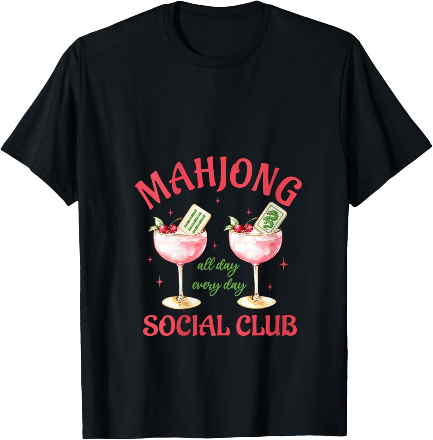 Women's Mahjong Social Club Aesthetic Pink Cocktails Mahjong Lover V-Neck T-Shirt - T-Shirt | Black