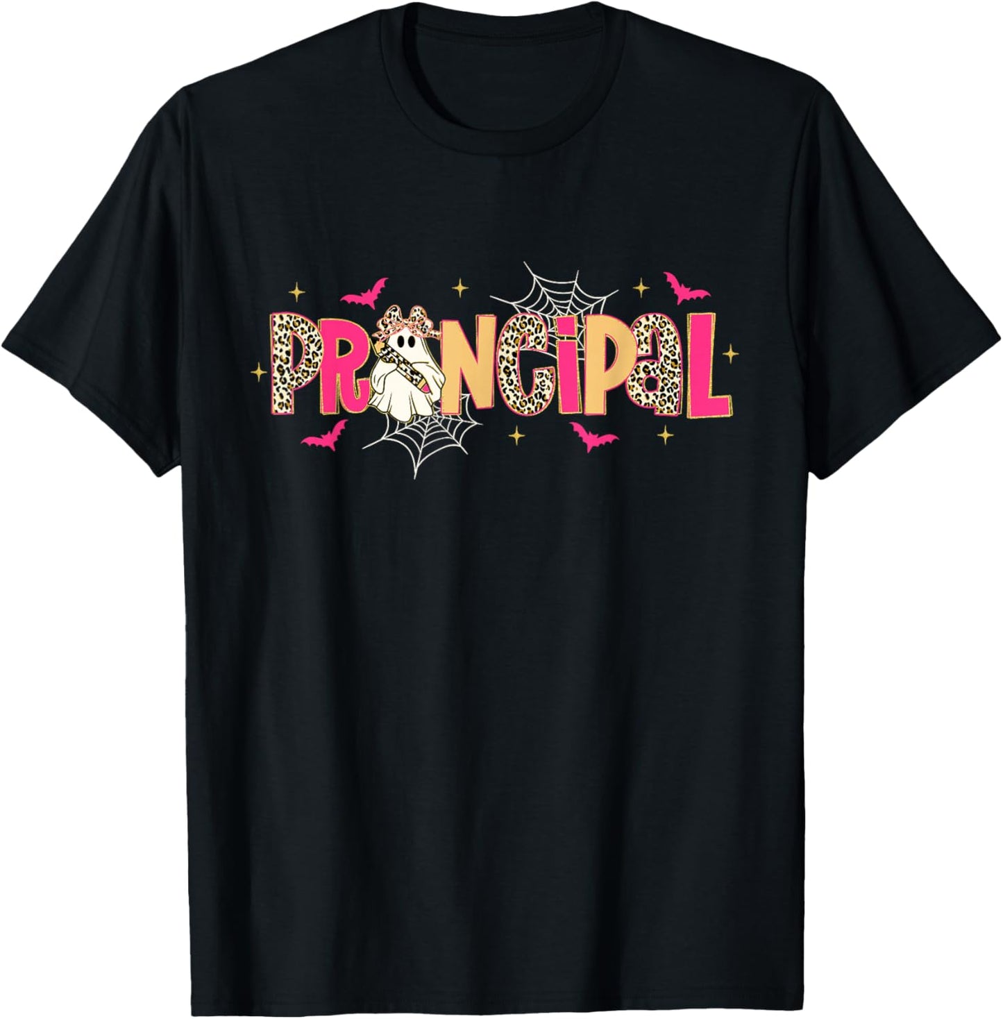 Principal Ghost Pencil Bow Leopard Funny Halloween Costumes T-Shirt - T-Shirt | Black