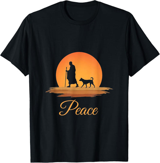 Walk for Peace Monks with Aloka Dog Monks Minimalist Zen T-Shirt - T-Shirt | Black