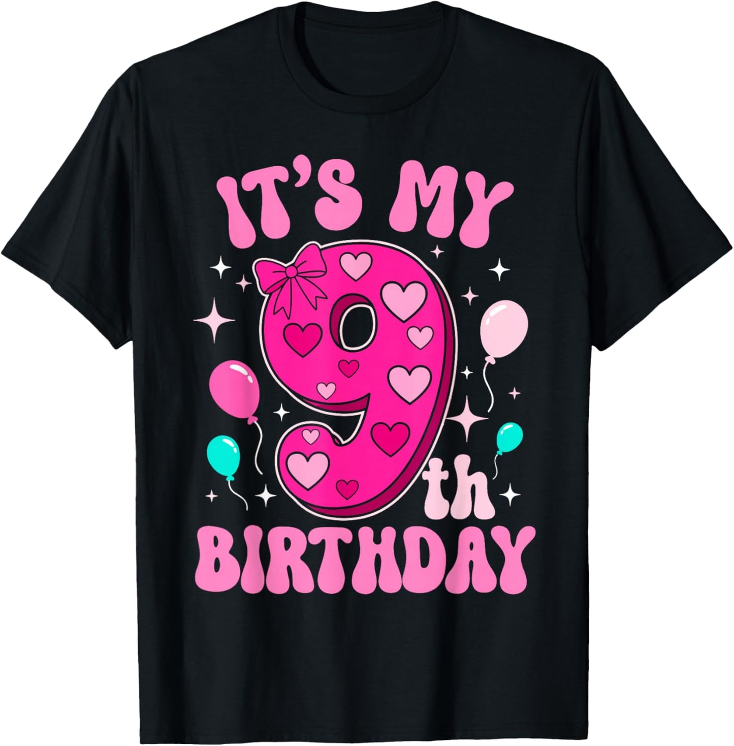 9 Year Old Pink Coquette Bow It's My 9th Birthday Girl T-Shirt - T-Shirt | Black