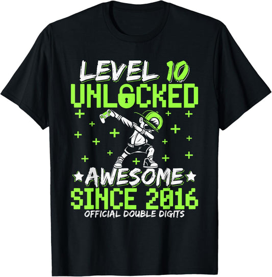Level 10 Unlocked Awesome Since 2016 10th Birthday Gamer Boy T-Shirt - T-Shirt | Black