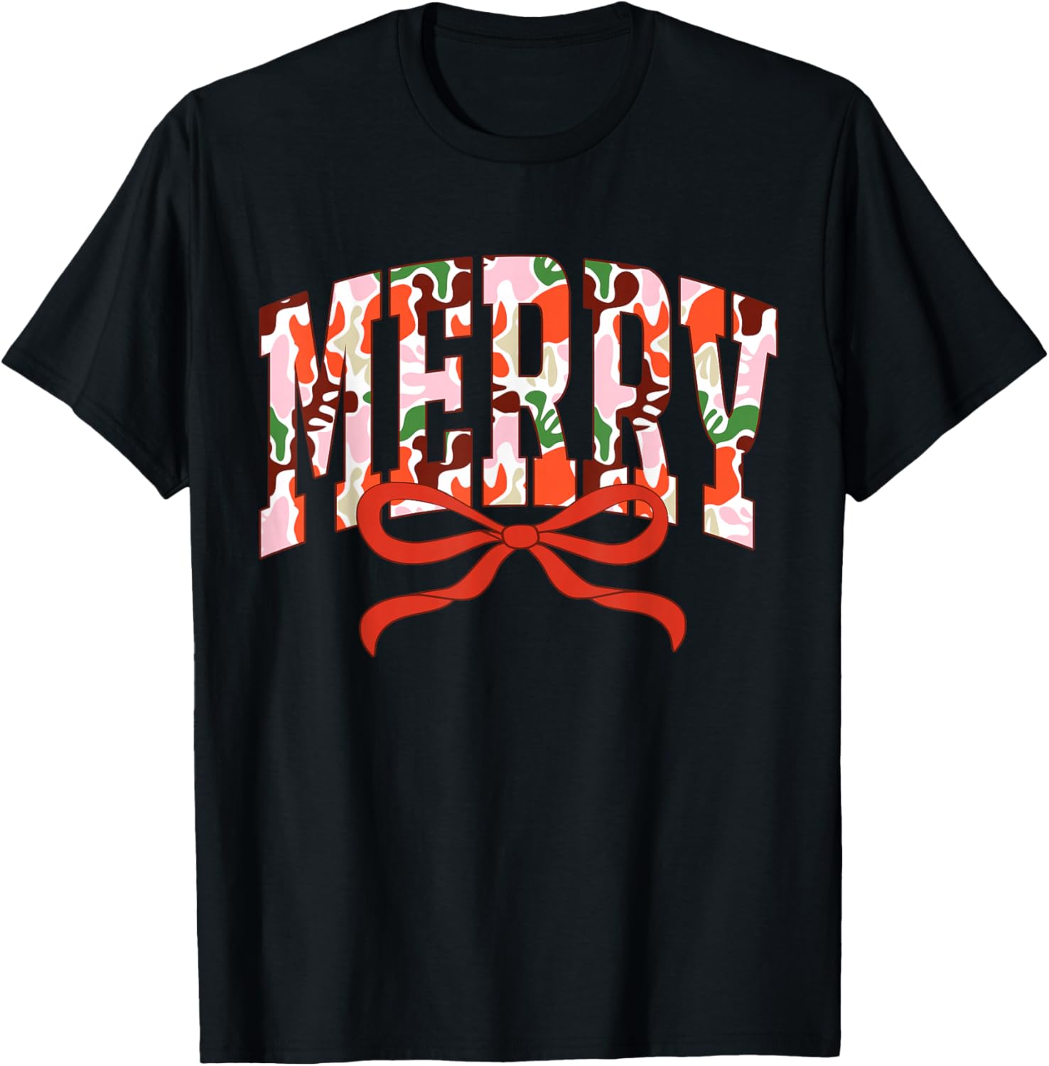 Camo Merry Coquette Bow Camouflage Happy Christmas Family T-Shirt - T-Shirt | Black