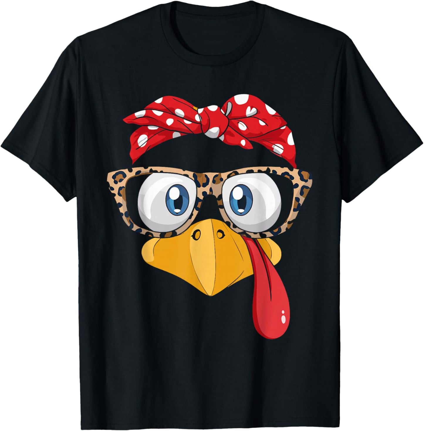 Thanksgiving Turkey Face Leopard with Glasses Bow Women Girl T-Shirt - T-Shirt | Black