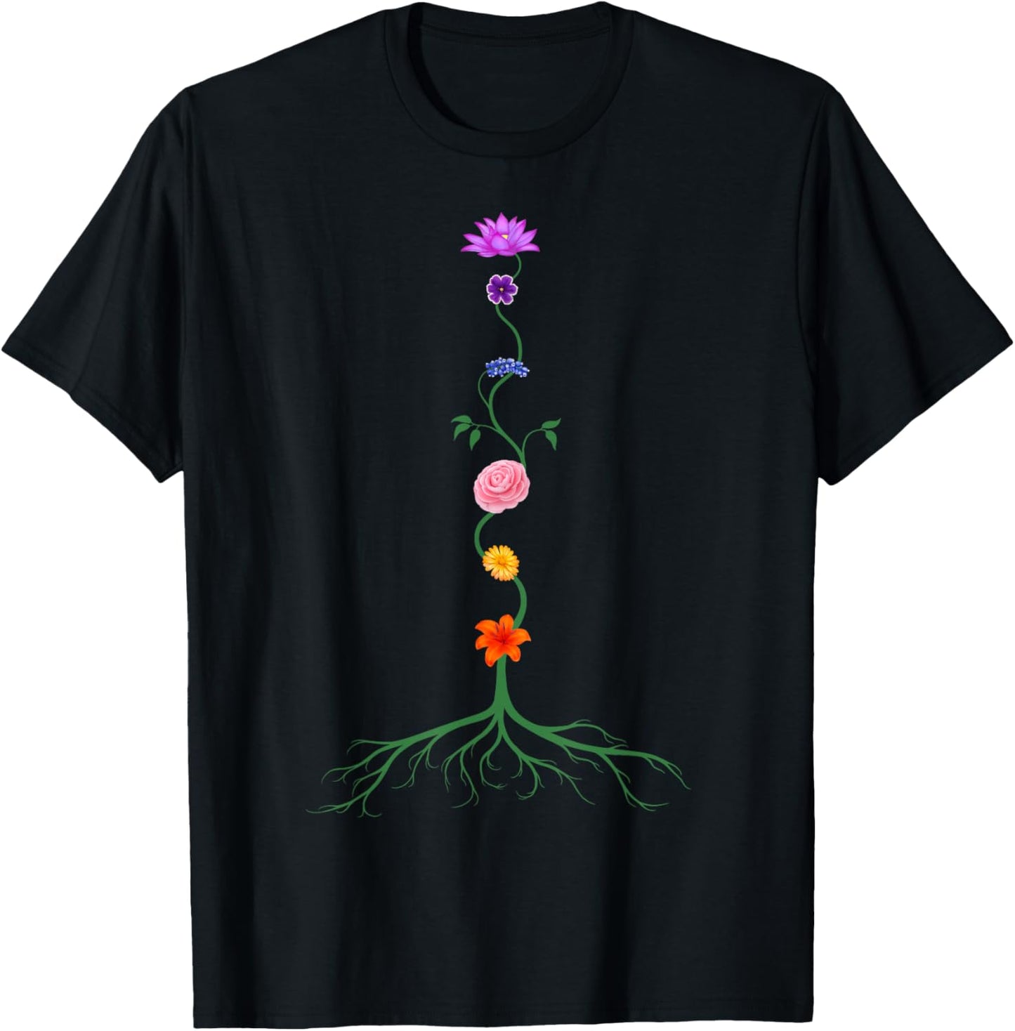 Seven Chakras as Chakra Colored Flowers, Yoga and Meditation T-Shirt - T-Shirt | Black