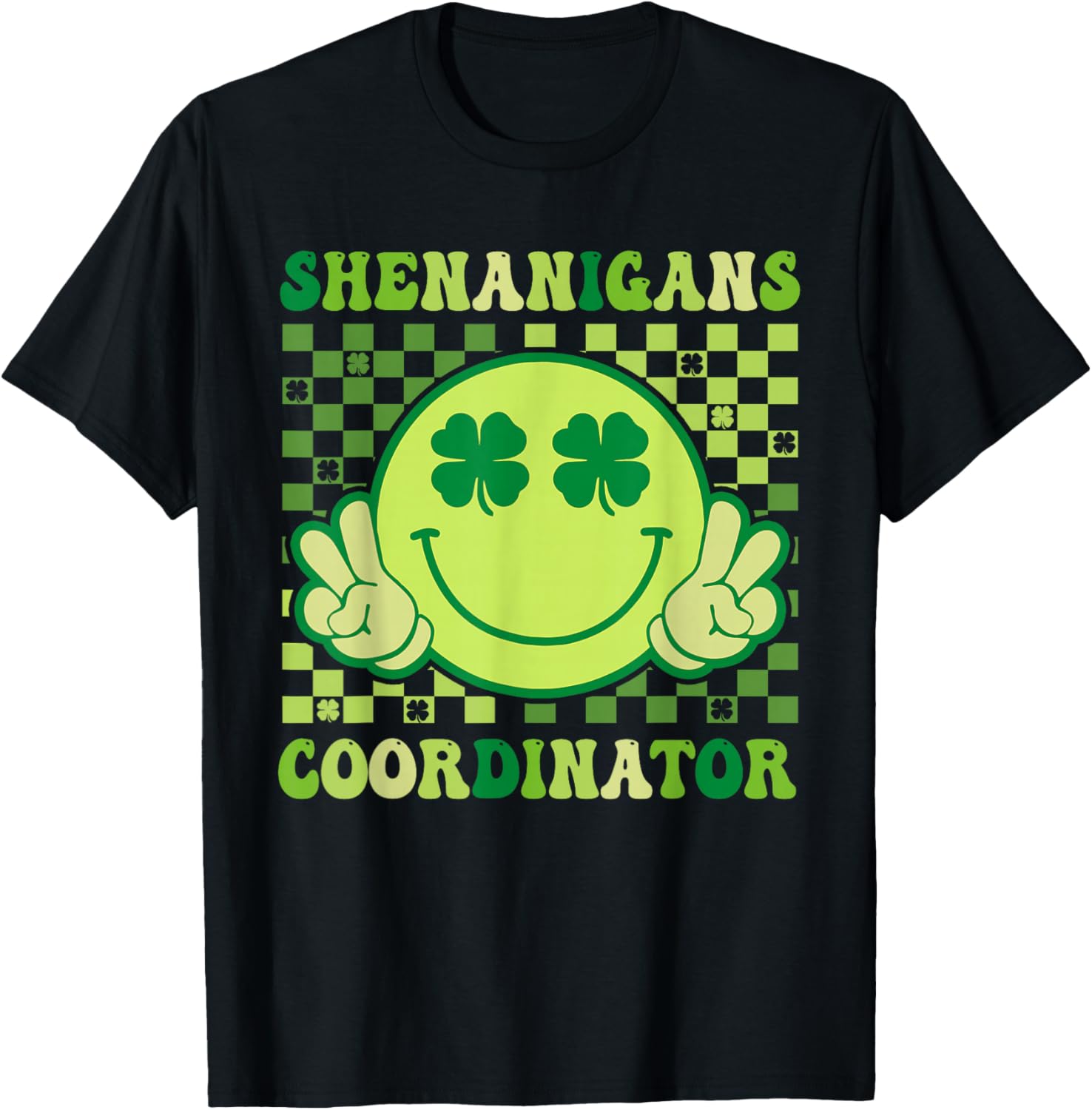 Shenanigans Coordinator Retro Smile Shamrock St Patricks Day T-Shirt - T-Shirt | Black