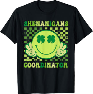 Shenanigans Coordinator Retro Smile Shamrock St Patricks Day T-Shirt - T-Shirt | Black