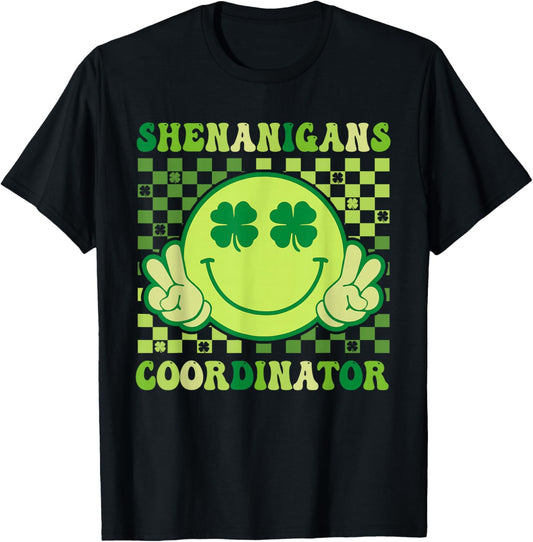 Shenanigans Coordinator Retro Smile Shamrock St Patricks Day T-Shirt - T-Shirt | Black