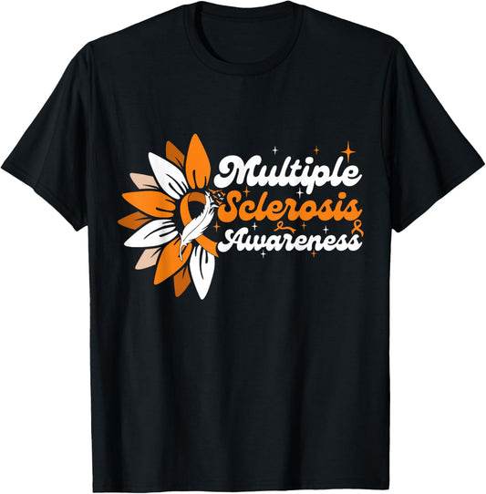 Multiple Sclerosis MS Awareness Orange Ribbon Sunflower T-Shirt - T-Shirt | Black