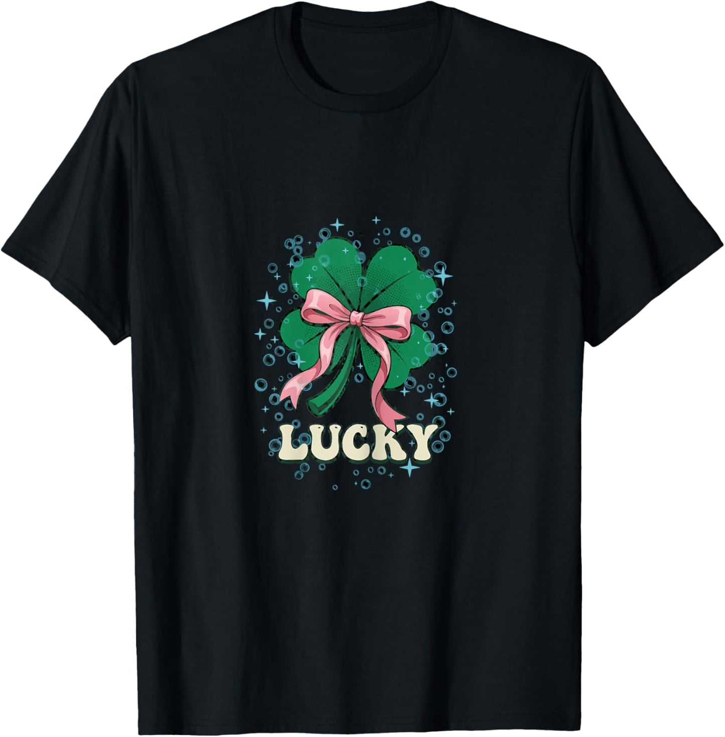 St Patricks Day Retro Coquette Bow Lucky Sparkle Shamrock T-Shirt - T-Shirt | Black