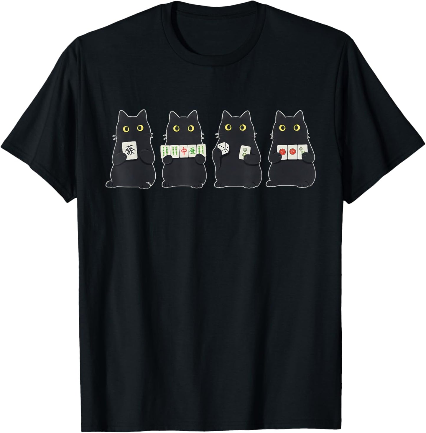 Black Cat Playing Mahjong Chinese Tile Game Mahjong Lover T-Shirt - T-Shirt | Black