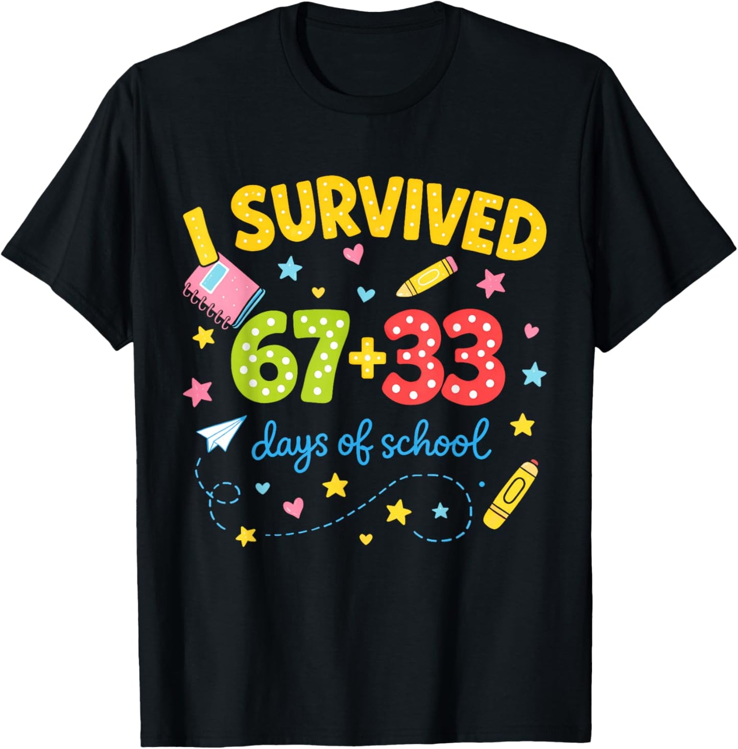 I Survived 67+33 Days of School 100 Days 6 7 Kids Boys Girls T-Shirt - T-Shirt | Black