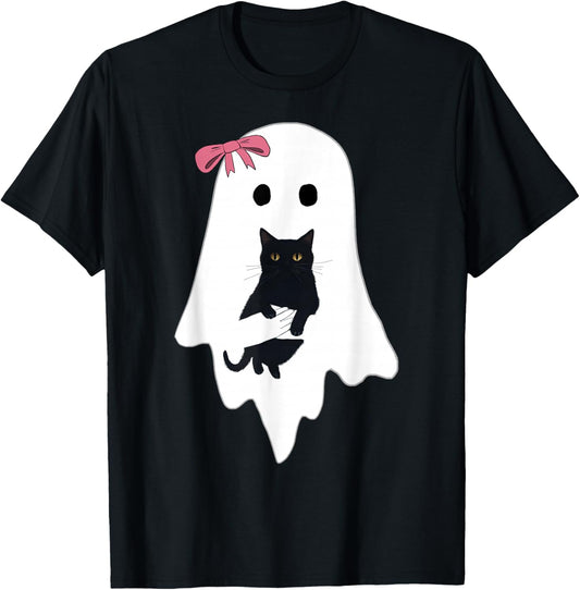 Cute Ghost Black Cat Pink Bow Funny Vintage Spooky Halloween T-Shirt - T-Shirt | Black