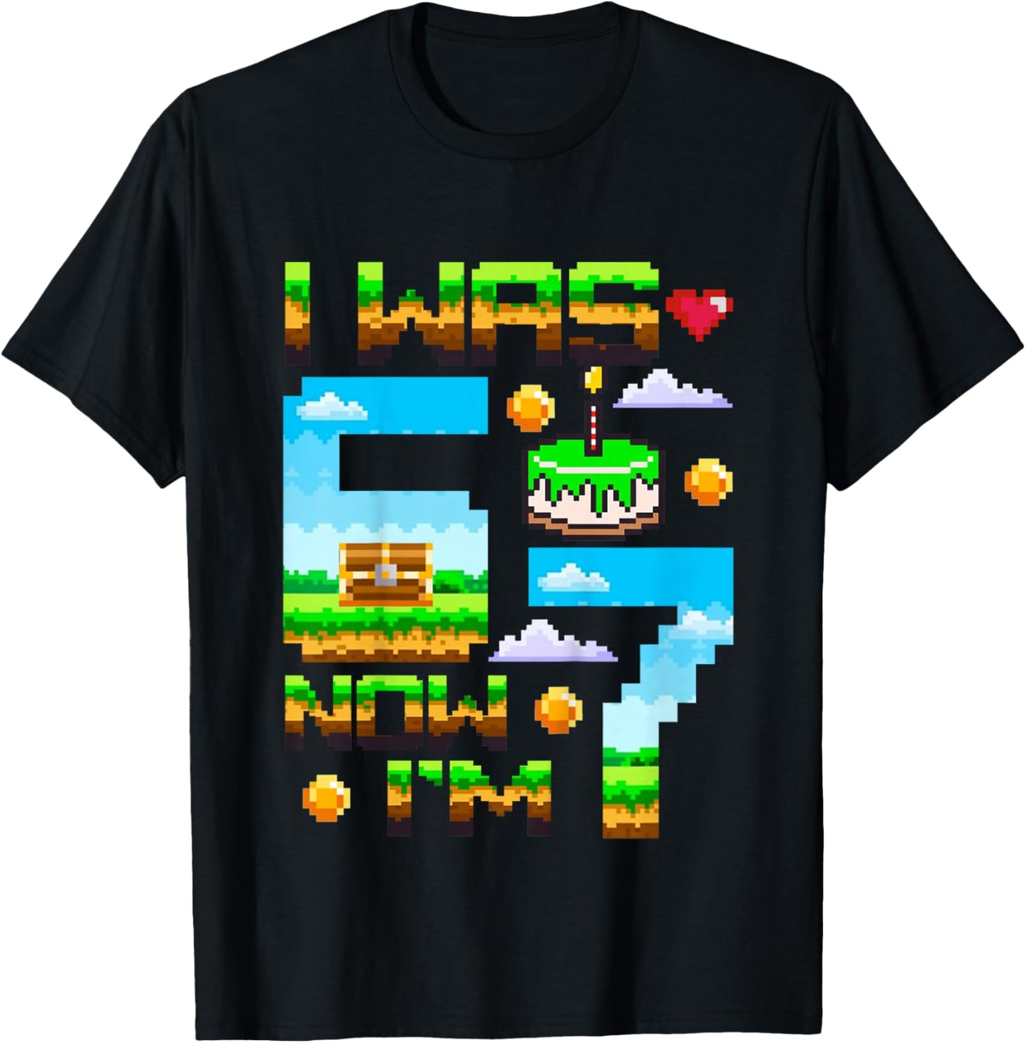 7 Year Old Birthday I was 6 Now I'm 7 67 Pixel Gamer Boy Kid T-Shirt - T-Shirt | Black