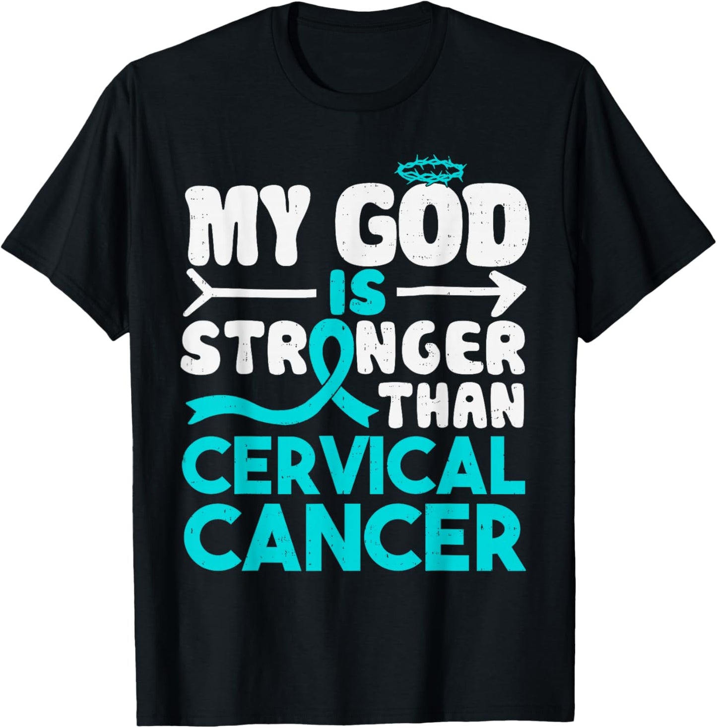 God Stronger Cervical Cancer Awareness Christian Ribbon Teal T-Shirt - T-Shirt | Black