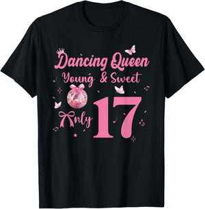 Dancing Queen Young & Sweet Only 17 Disco Bow 17th Birthday T-Shirt - T-Shirt | Black