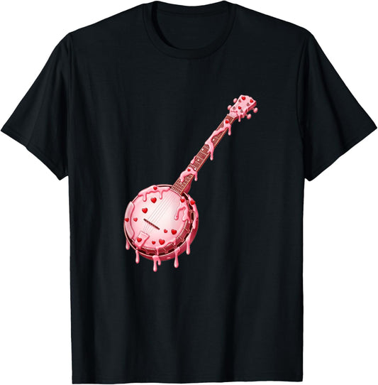 Banjo Valentines Day Ice Cream Drip Heart Bluegrass Banjoist T-Shirt - T-Shirt | Black