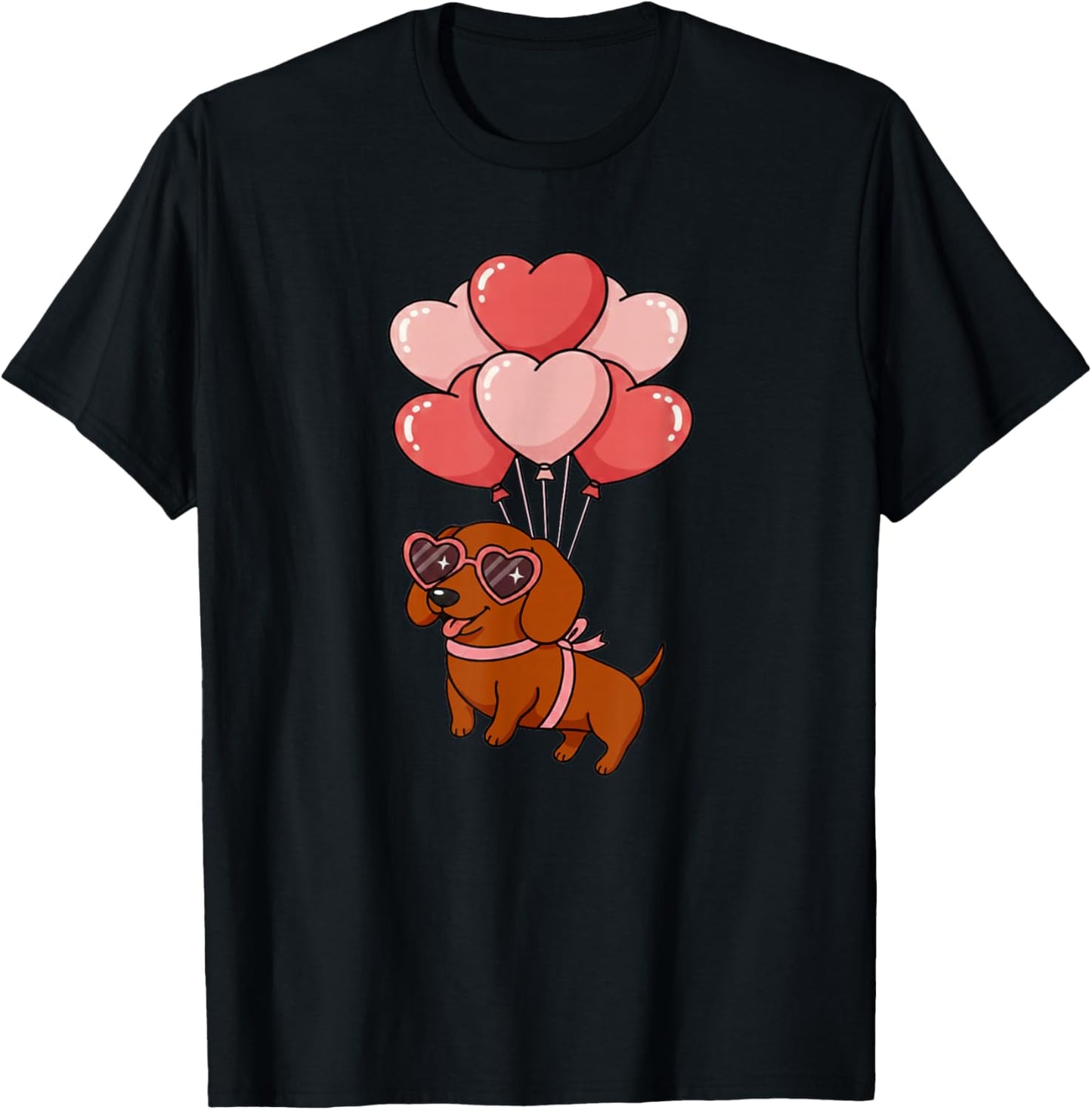 Girls Valentines Day Heart Balloons Mini Dachshund T-Shirt - T-Shirt | Black