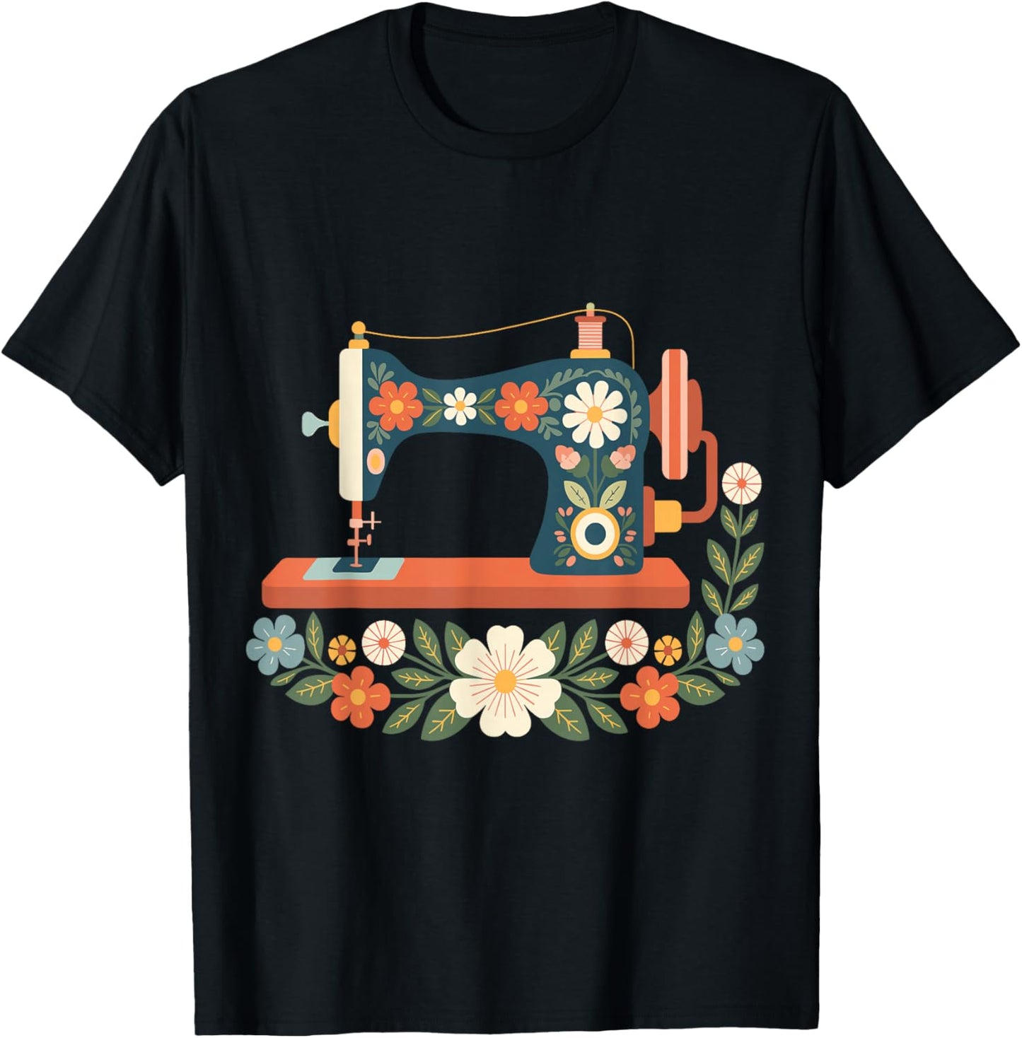 Retro Floral Sewing Machine Quilting Lover Graphic Flowers T-Shirt - T-Shirt | Black