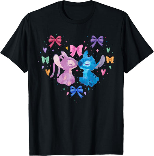 Disney Stitch & Angel Coquette Style Heart Valentine's Day T-Shirt - T-Shirt | Black