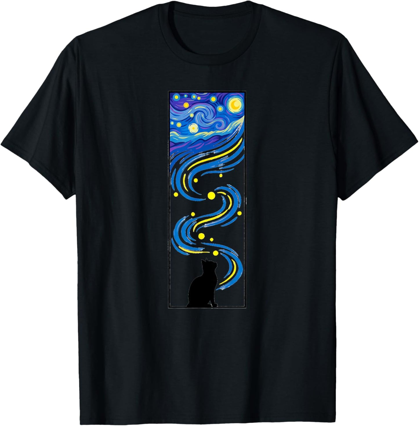 Starry Night Flowing Sky Cat Art T-Shirt - T-Shirt | Black