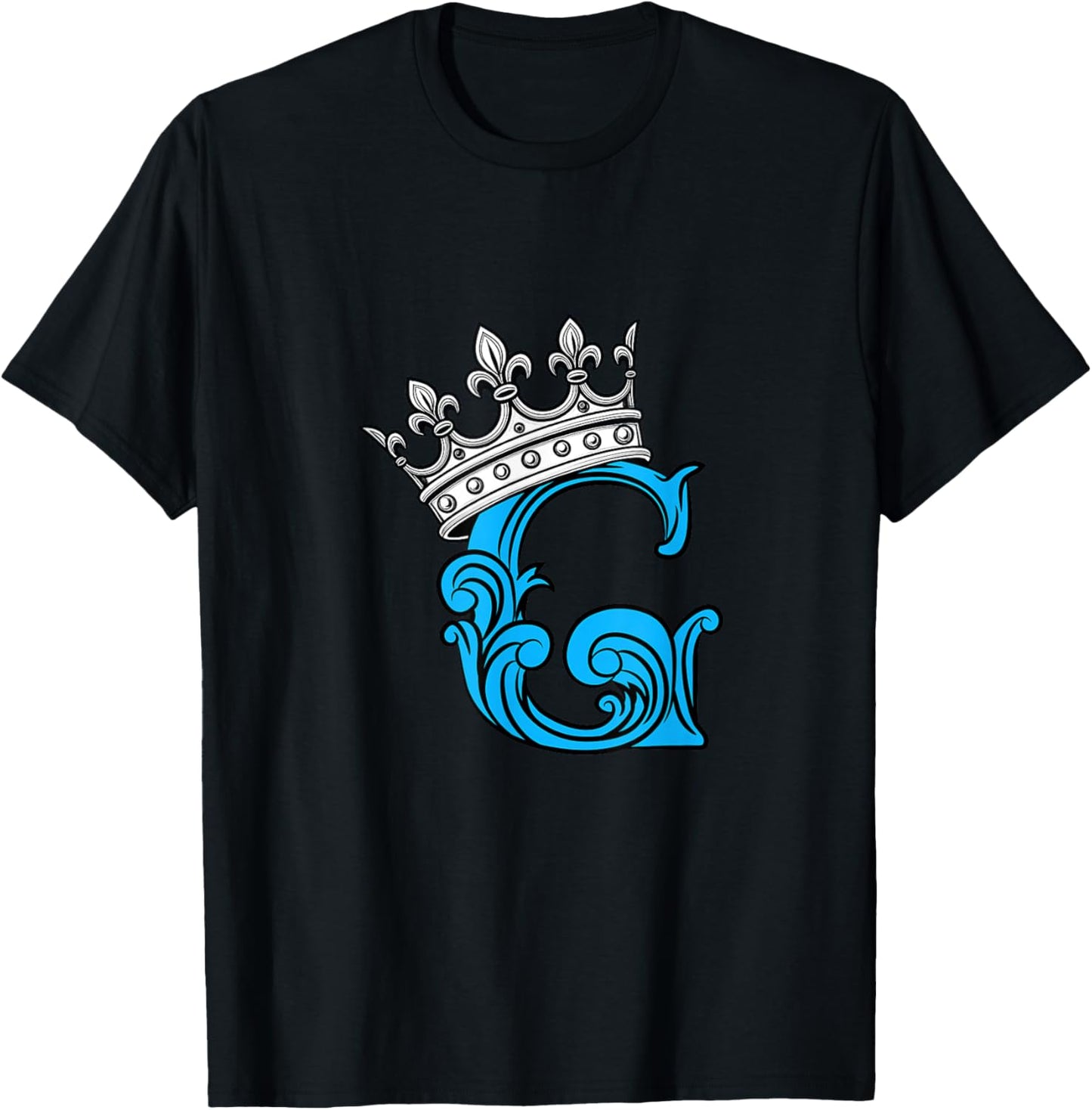 Blue Color Letter G Initial + Crown Blue Graphic T-Shirt - T-Shirt | Black