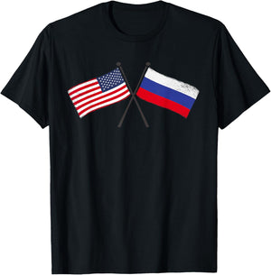 USA Russia Crossed Flags American Russian Friendship T-Shirt - T-Shirt | Black