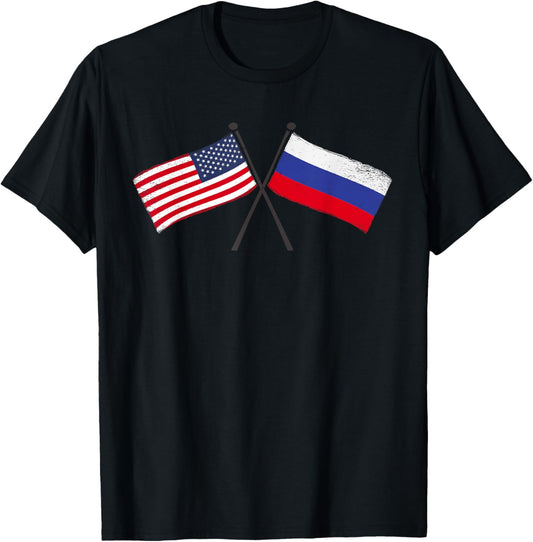 USA Russia Crossed Flags American Russian Friendship T-Shirt - T-Shirt | Black