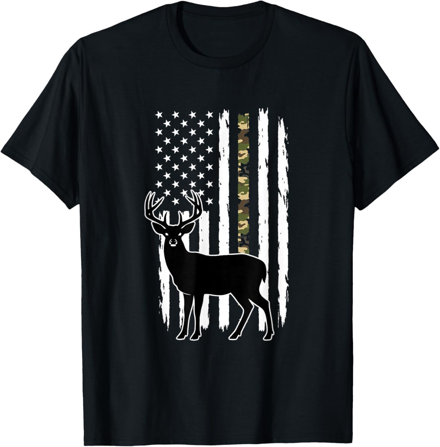 Deer Camo American Flag Buck Patriotic Hunting Design T-Shirt - T-Shirt | Black